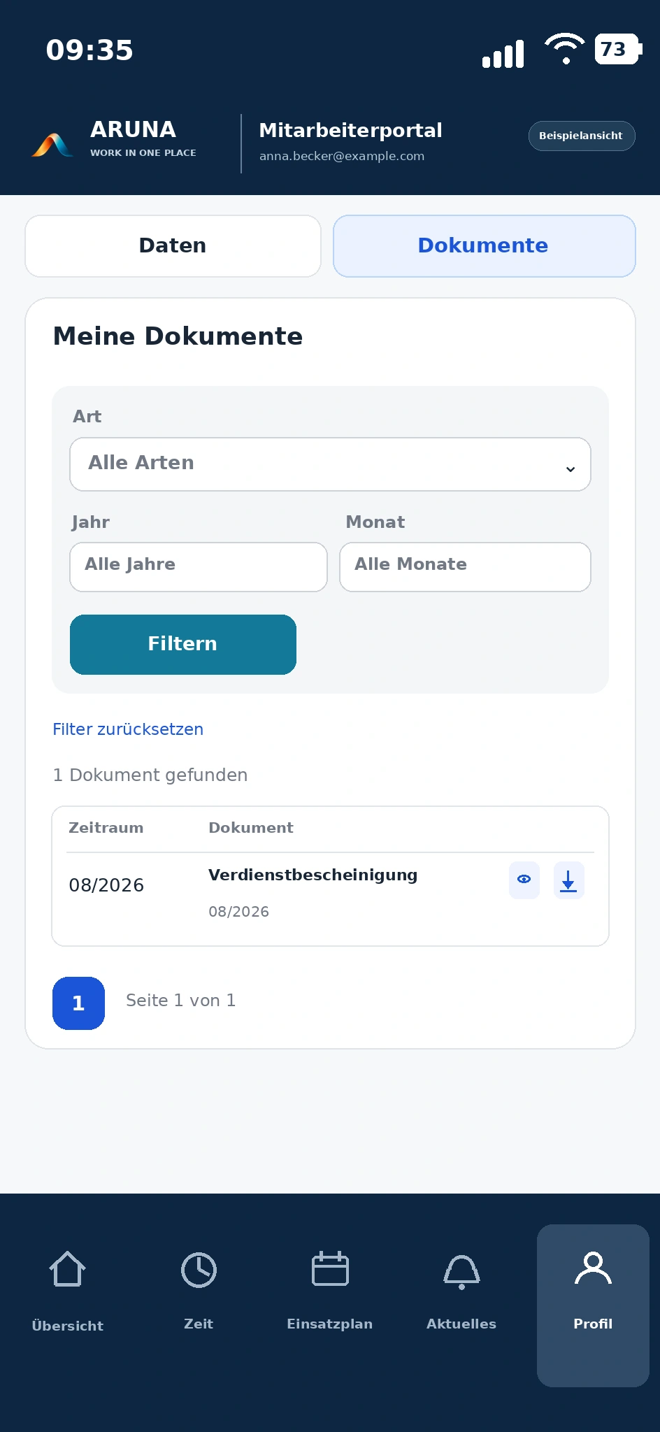 Mobile ARUNA-Dokumentenansicht mit Beispieldaten