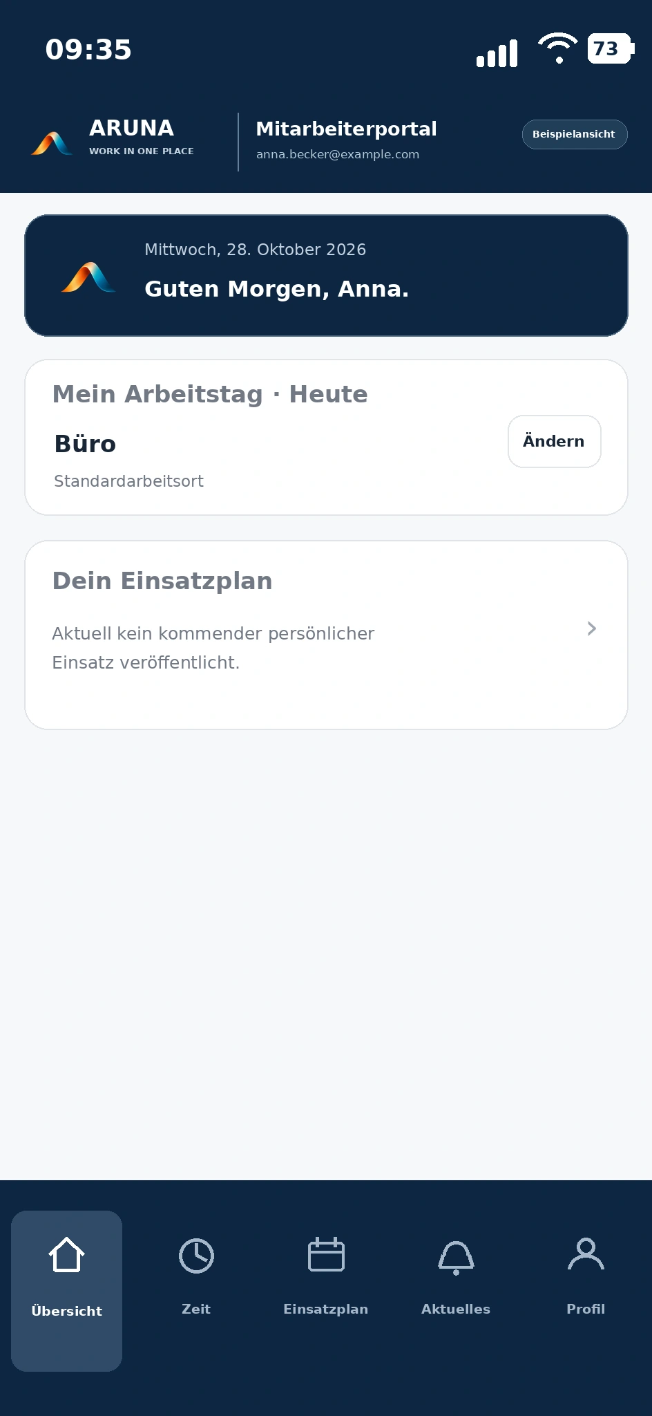 Mobile ARUNA-Portalübersicht mit Beispieldaten